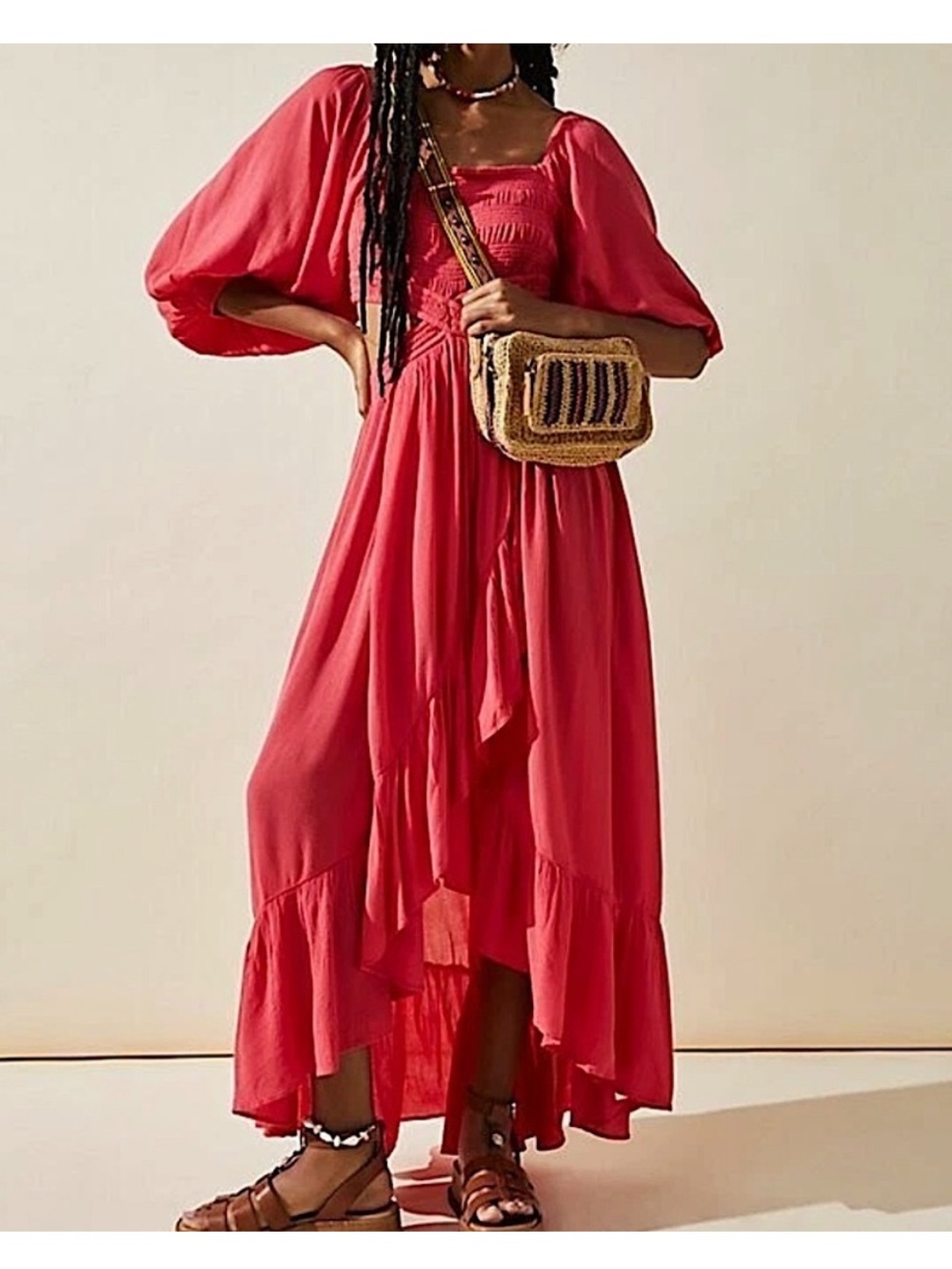 Free People Coral-Red Puff Sleeve Maxi Dress